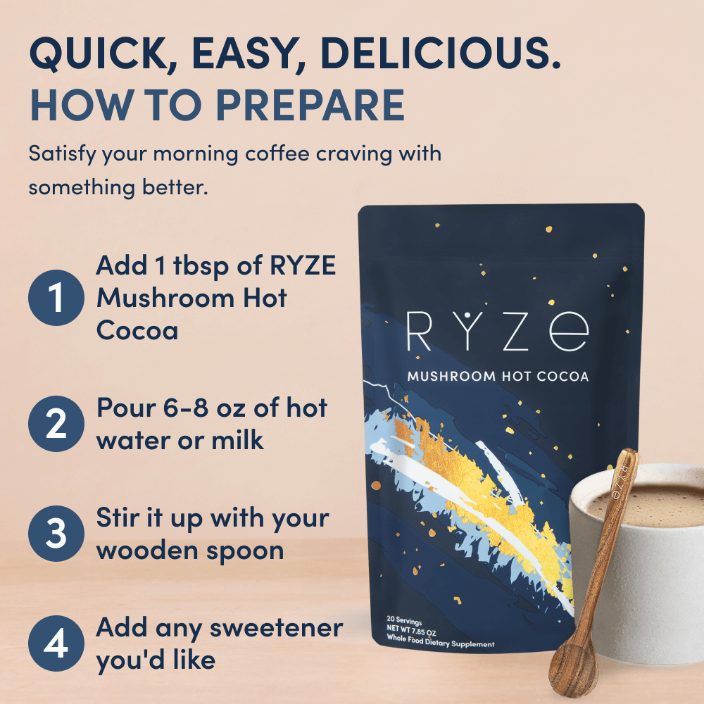 RYZE Mushroom Hot Cocoa — Organic Instant Cocoa with L-Theanine & Melatonin, 20 Servings K4
