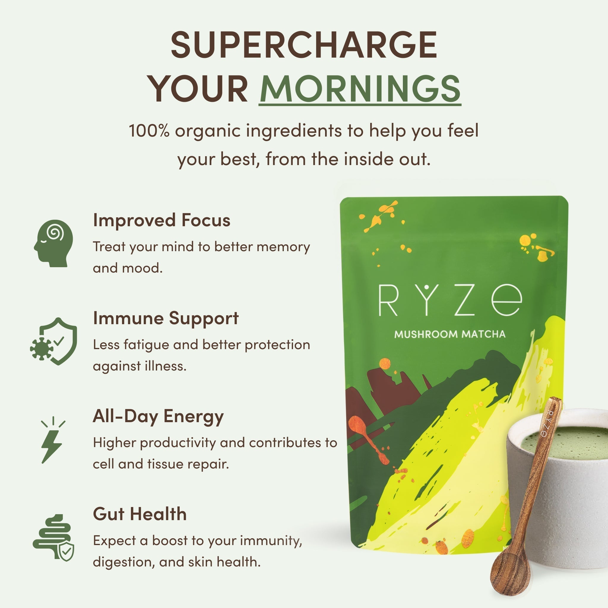 RYZE Mushroom Matcha — Organic Instant Matcha Latte with Lion's Mane & King Trumpet, 30 Servings A3