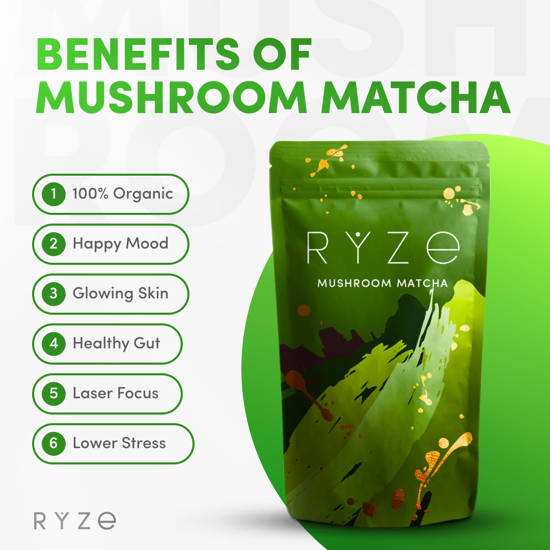 RYZE Mushroom Matcha - with 6 Organic Adaptogenic Mushrooms Grown In USA and Ceremonial-Grade Japanese Matcha Q6