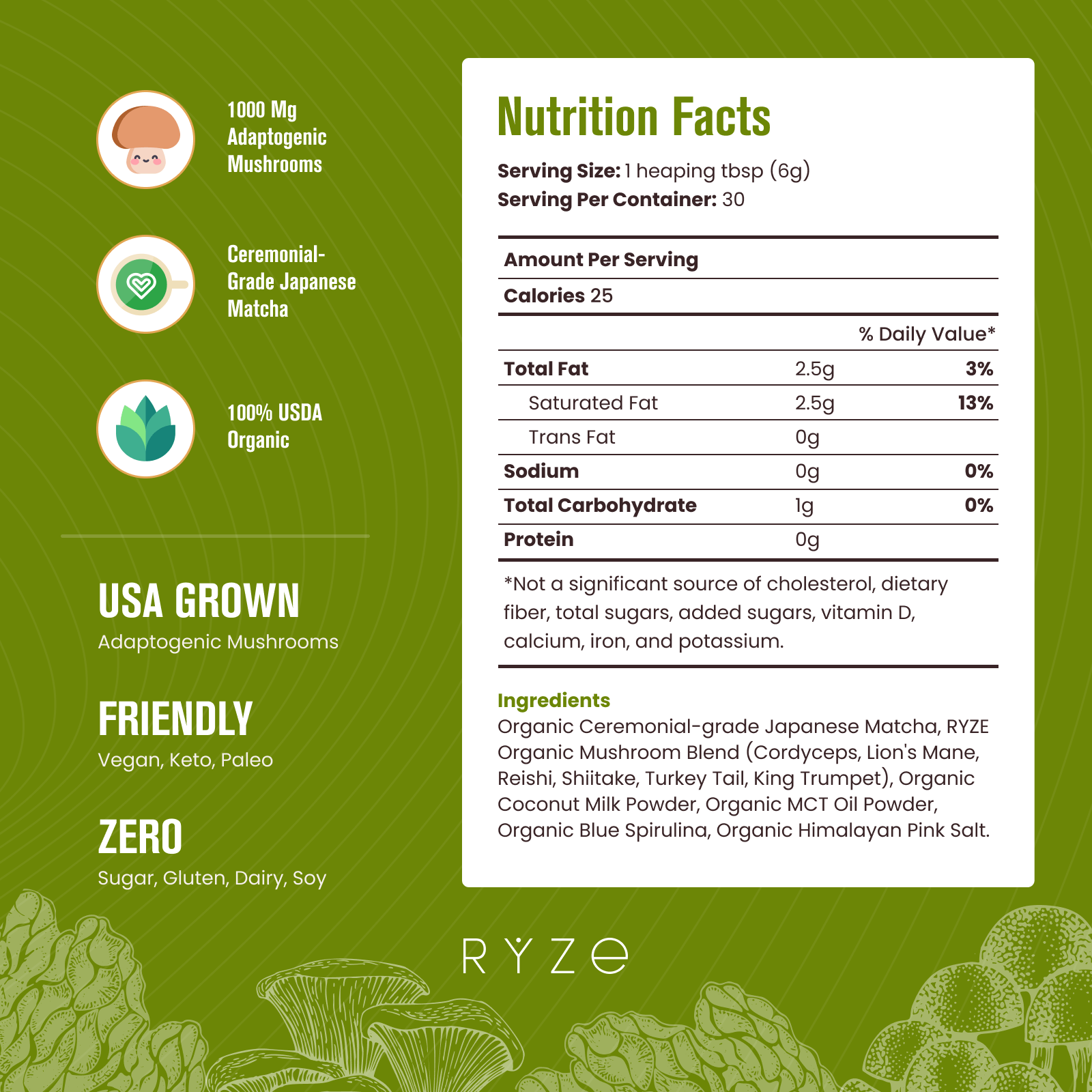 RYZE Mushroom Matcha - with 6 Organic Adaptogenic Mushrooms Grown In USA and Ceremonial-Grade Japanese Matcha P6